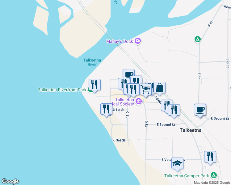 map of restaurants, bars, coffee shops, grocery stores, and more near 13487 East Main Street in Talkeetna