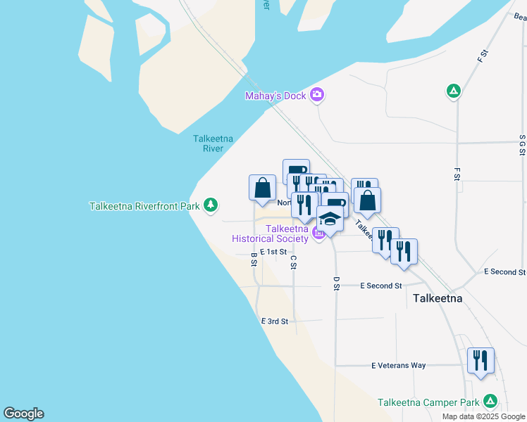 map of restaurants, bars, coffee shops, grocery stores, and more near 13487 East Main Street in Talkeetna