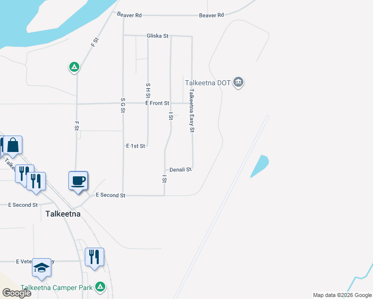 map of restaurants, bars, coffee shops, grocery stores, and more near 22152 South Easy Street in Talkeetna