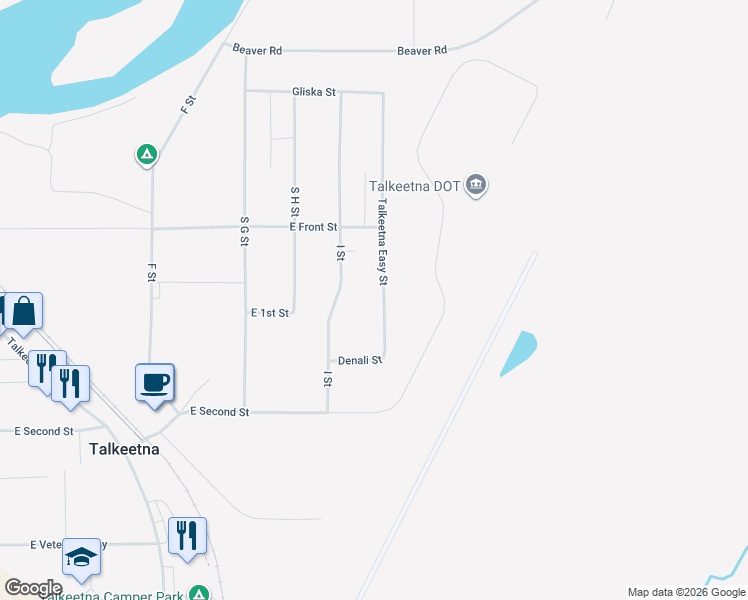 map of restaurants, bars, coffee shops, grocery stores, and more near 22152 South Easy Street in Talkeetna