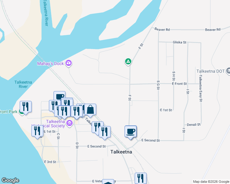 map of restaurants, bars, coffee shops, grocery stores, and more near 13854 East Front Street in Talkeetna