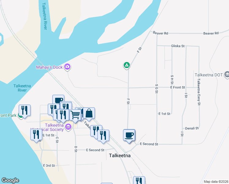 map of restaurants, bars, coffee shops, grocery stores, and more near 13854 East Front Street in Talkeetna