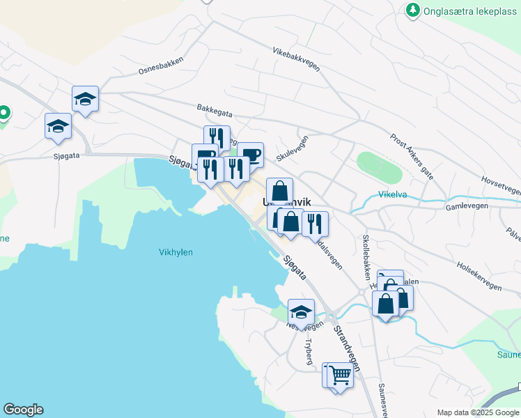map of restaurants, bars, coffee shops, grocery stores, and more near 45 Sjøgata in Ulsteinvik