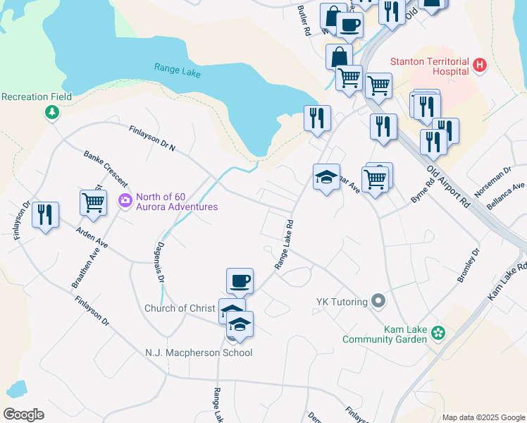 map of restaurants, bars, coffee shops, grocery stores, and more near 6266 Finlayson Drive North in Yellowknife