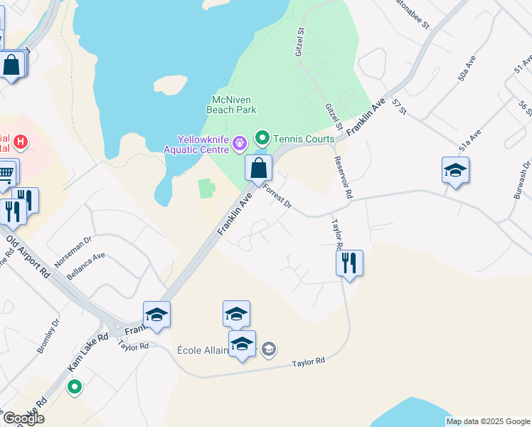 map of restaurants, bars, coffee shops, grocery stores, and more near 900 Lanky Court in Yellowknife