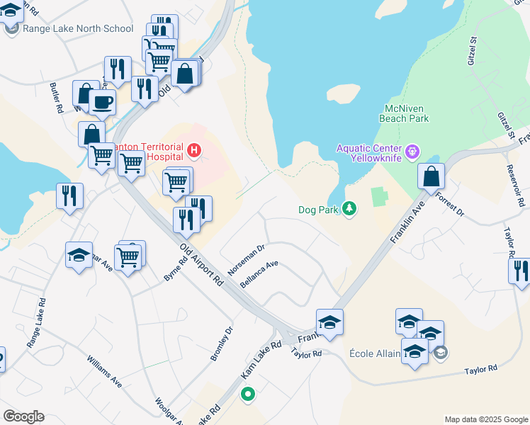 map of restaurants, bars, coffee shops, grocery stores, and more near 634 Anson Drive in Yellowknife