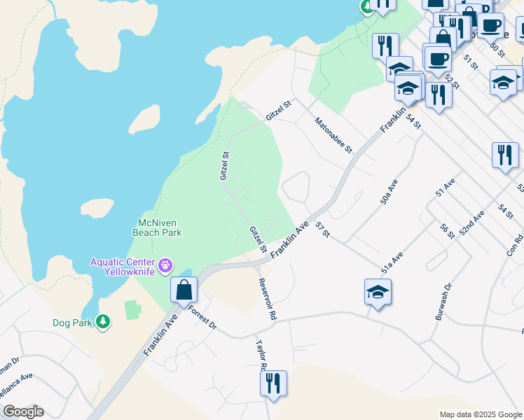 map of restaurants, bars, coffee shops, grocery stores, and more near 600 Gitzel Street in Yellowknife