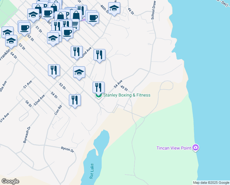 map of restaurants, bars, coffee shops, grocery stores, and more near 4905 54 Avenue in Yellowknife
