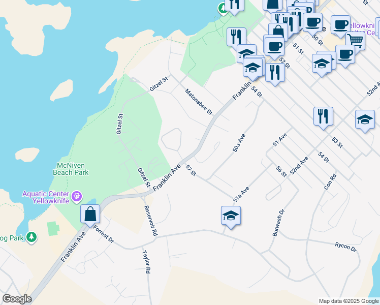 map of restaurants, bars, coffee shops, grocery stores, and more near 5720 Franklin Avenue in Yellowknife