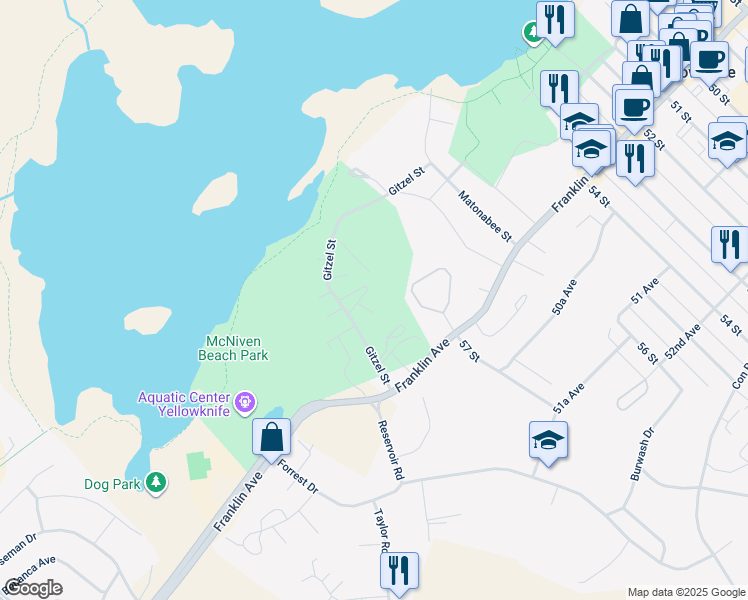 map of restaurants, bars, coffee shops, grocery stores, and more near 992 Gitzel Street in Yellowknife