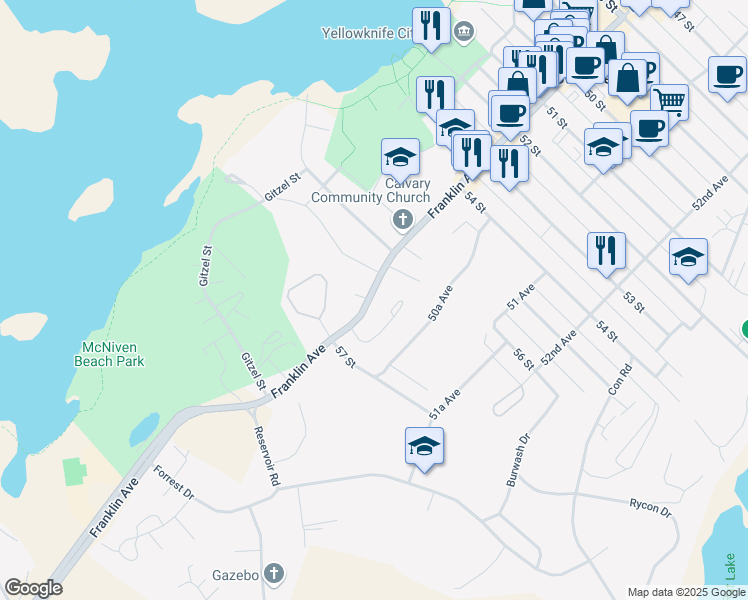 map of restaurants, bars, coffee shops, grocery stores, and more near 5605 50 Avenue in Yellowknife