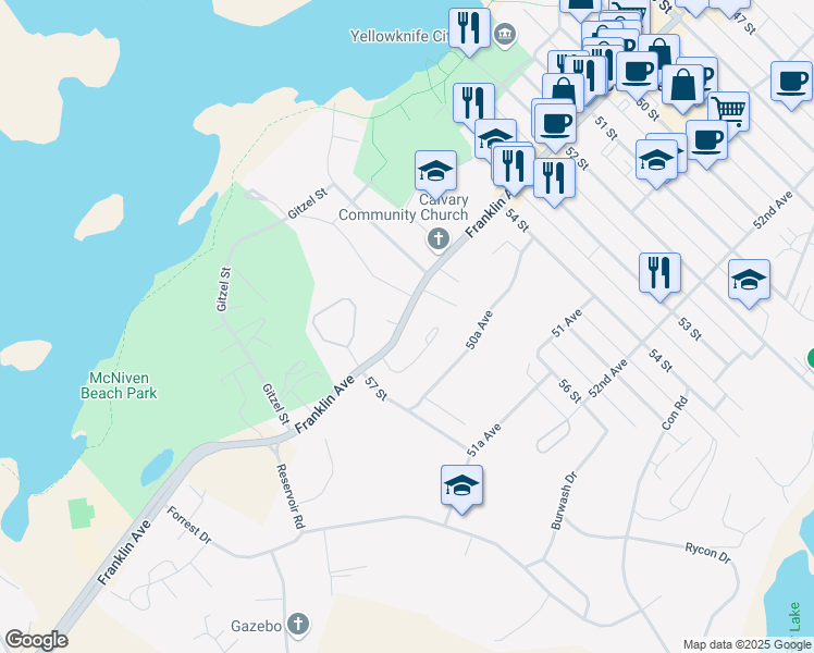 map of restaurants, bars, coffee shops, grocery stores, and more near 5605 Franklin Avenue in Yellowknife