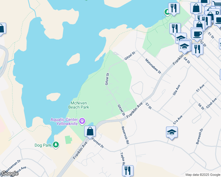 map of restaurants, bars, coffee shops, grocery stores, and more near 1200 Gitzel Street in Yellowknife