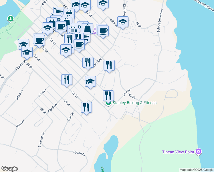 map of restaurants, bars, coffee shops, grocery stores, and more near 5302 51 Street in Yellowknife