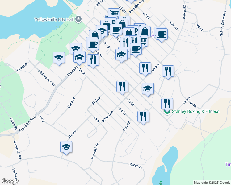 map of restaurants, bars, coffee shops, grocery stores, and more near 5123 53 Street in Yellowknife