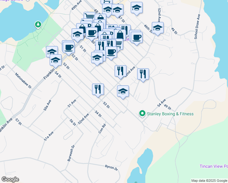map of restaurants, bars, coffee shops, grocery stores, and more near 5203 52 Street in Yellowknife