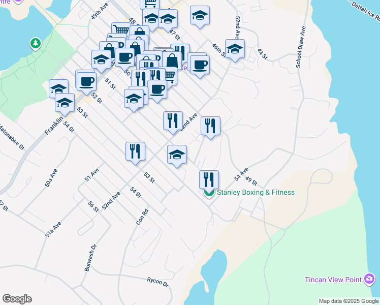 map of restaurants, bars, coffee shops, grocery stores, and more near 5215 51 Street in Yellowknife