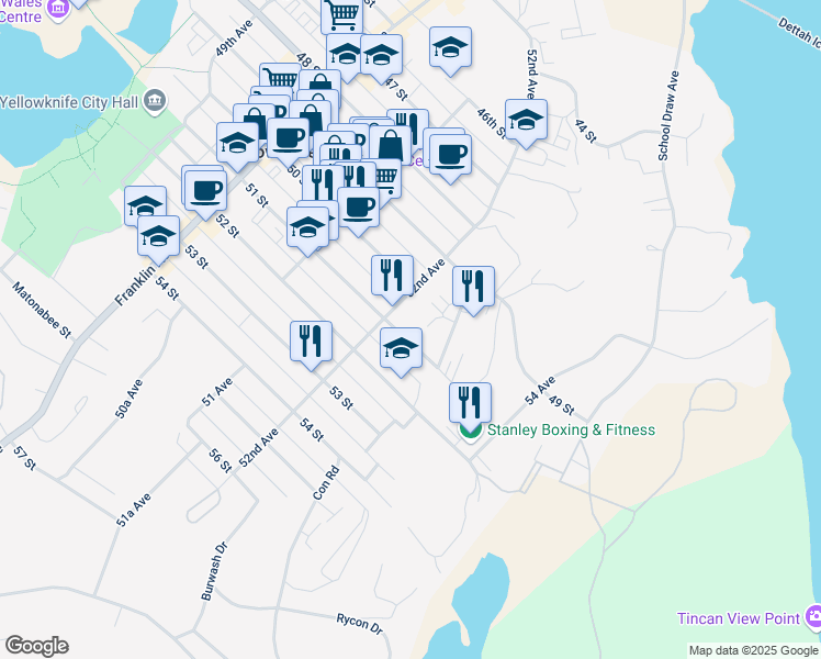 map of restaurants, bars, coffee shops, grocery stores, and more near 5201 51 Street in Yellowknife
