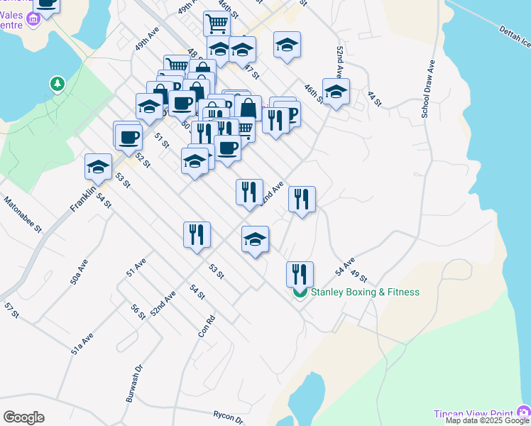 map of restaurants, bars, coffee shops, grocery stores, and more near 5009 52nd Avenue in Yellowknife