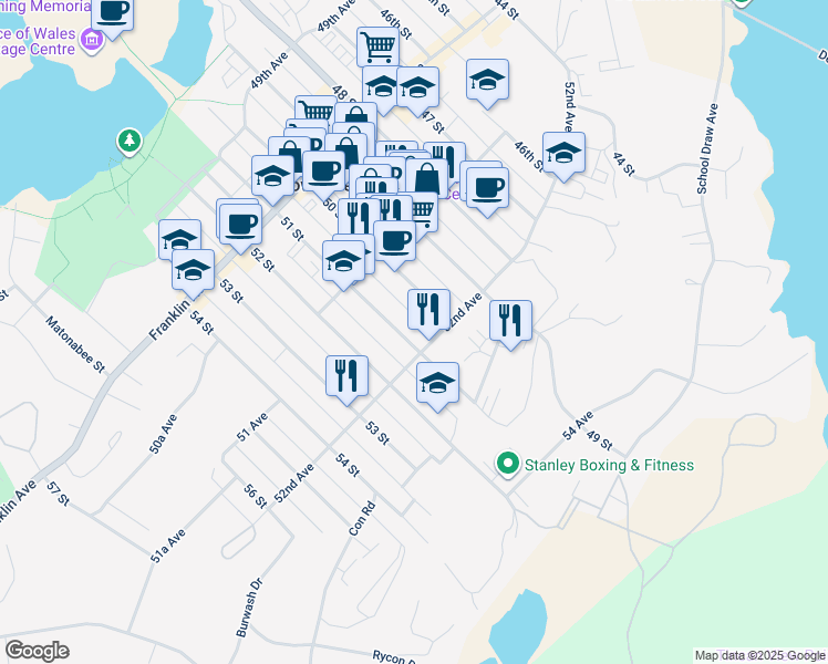 map of restaurants, bars, coffee shops, grocery stores, and more near 5125 51 Street in Yellowknife