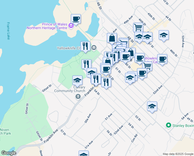 map of restaurants, bars, coffee shops, grocery stores, and more near 4912 53 Street in Yellowknife
