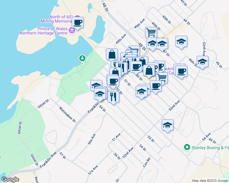 map of restaurants, bars, coffee shops, grocery stores, and more near 5201 50 Avenue in Yellowknife