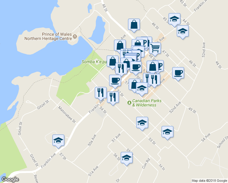 map of restaurants, bars, coffee shops, grocery stores, and more near 5201 Franklin Avenue in Yellowknife