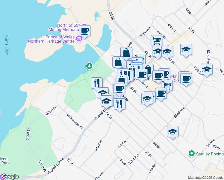 map of restaurants, bars, coffee shops, grocery stores, and more near 5201 Franklin Avenue in Yellowknife