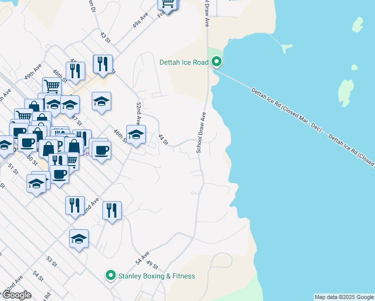 map of restaurants, bars, coffee shops, grocery stores, and more near 4402 School Draw Avenue in Yellowknife
