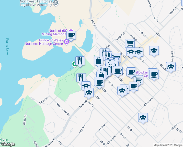 map of restaurants, bars, coffee shops, grocery stores, and more near 4907 52 Street in Yellowknife