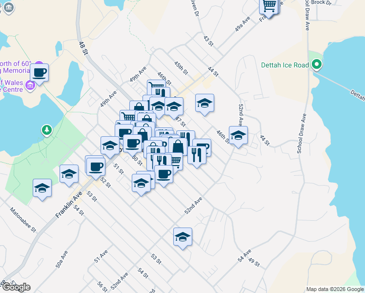 map of restaurants, bars, coffee shops, grocery stores, and more near 303-5103 48 Street in Yellowknife