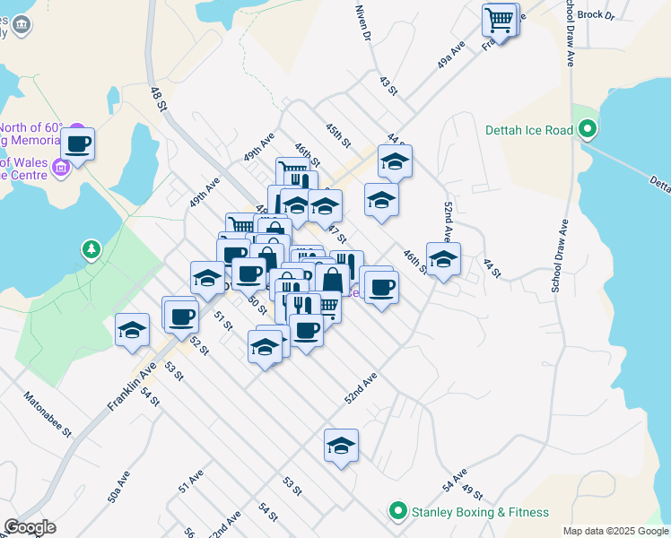 map of restaurants, bars, coffee shops, grocery stores, and more near 5023 48 Street in Yellowknife