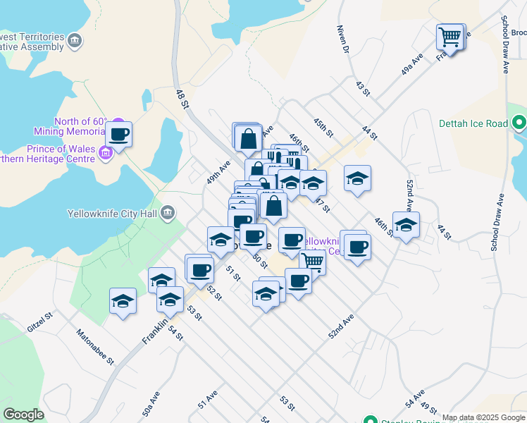 map of restaurants, bars, coffee shops, grocery stores, and more near 4921 49 Street in Yellowknife