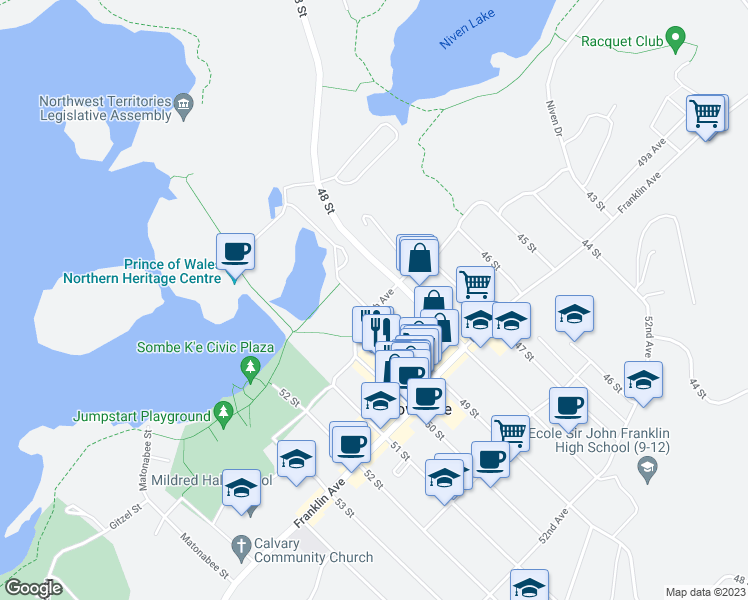 map of restaurants, bars, coffee shops, grocery stores, and more near 4817 49th Avenue in Yellowknife