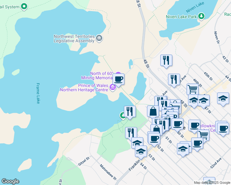 map of restaurants, bars, coffee shops, grocery stores, and more near 4750 48 Street in Yellowknife