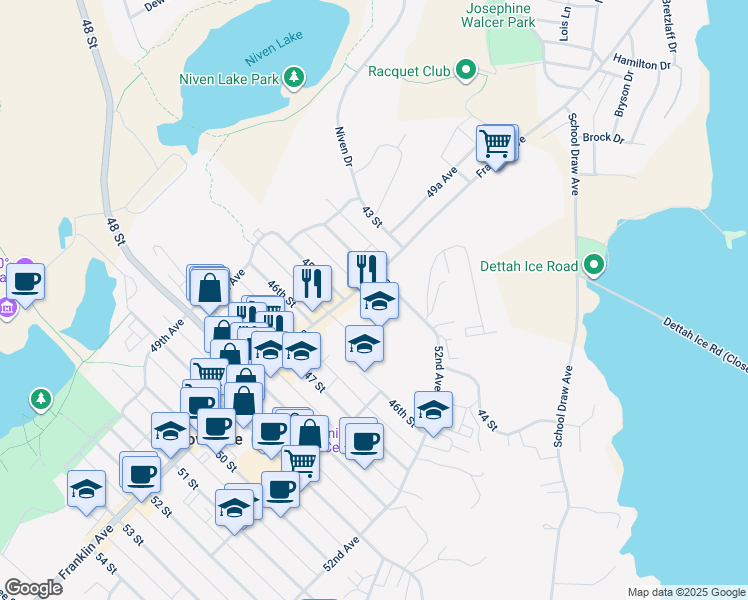 map of restaurants, bars, coffee shops, grocery stores, and more near 4401 50 Avenue in Yellowknife