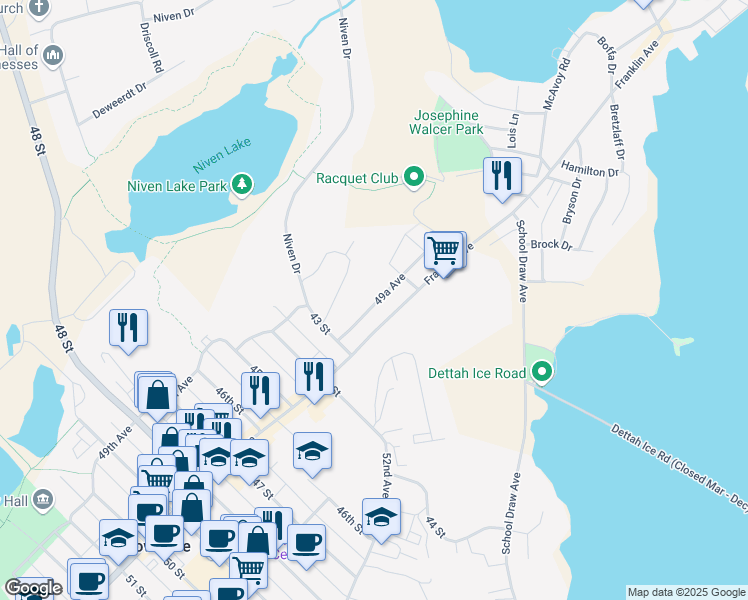 map of restaurants, bars, coffee shops, grocery stores, and more near 4216 49A Ave in Yellowknife
