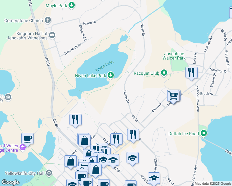 map of restaurants, bars, coffee shops, grocery stores, and more near 97 Niven Drive in Yellowknife