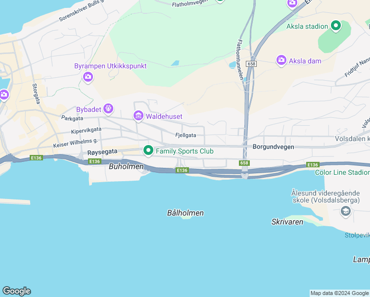map of restaurants, bars, coffee shops, grocery stores, and more near 24 Borgundvegen in Alesund