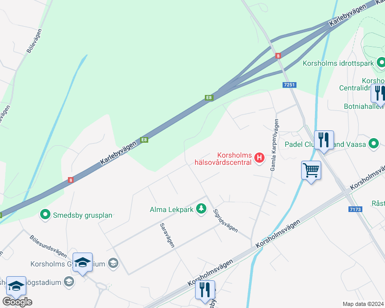 map of restaurants, bars, coffee shops, grocery stores, and more near 1 Sabinavägen in Vasa