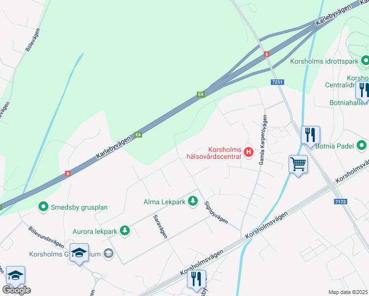 map of restaurants, bars, coffee shops, grocery stores, and more near 1 Sabinavägen in Vasa