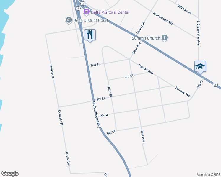 map of restaurants, bars, coffee shops, grocery stores, and more near Delta Street in Delta Junction