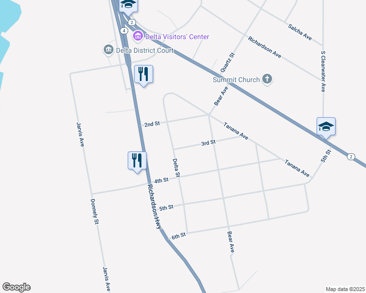 map of restaurants, bars, coffee shops, grocery stores, and more near Delta St in Delta Junction