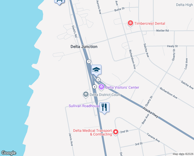 map of restaurants, bars, coffee shops, grocery stores, and more near in Delta Junction