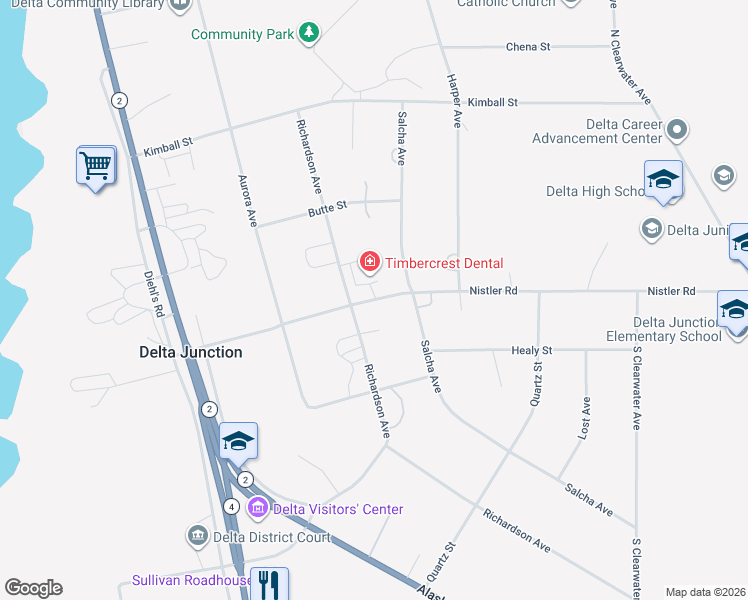 map of restaurants, bars, coffee shops, grocery stores, and more near School Road in Delta Junction