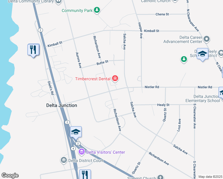 map of restaurants, bars, coffee shops, grocery stores, and more near School Road in Delta Junction