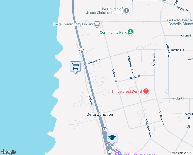 map of restaurants, bars, coffee shops, grocery stores, and more near 1658 Richardson Highway in Delta Junction