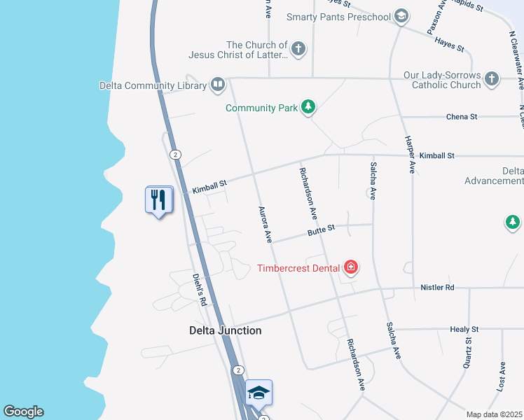 map of restaurants, bars, coffee shops, grocery stores, and more near 2661 Richardson Avenue in Delta Junction
