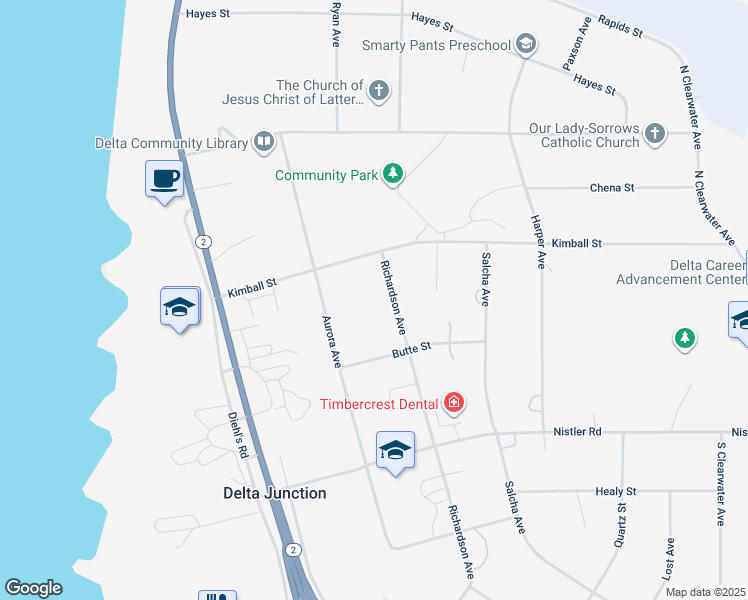map of restaurants, bars, coffee shops, grocery stores, and more near 2661 Richardson Avenue in Delta Junction