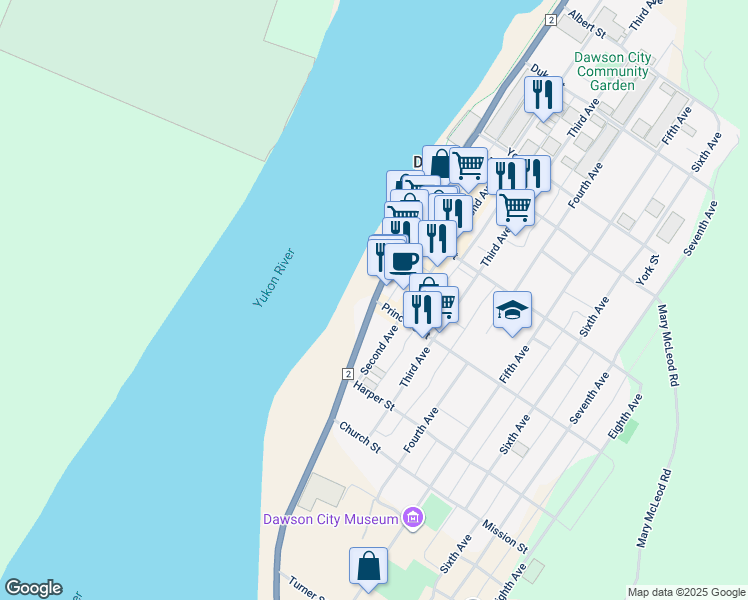 map of restaurants, bars, coffee shops, grocery stores, and more near Front Street in Dawson City